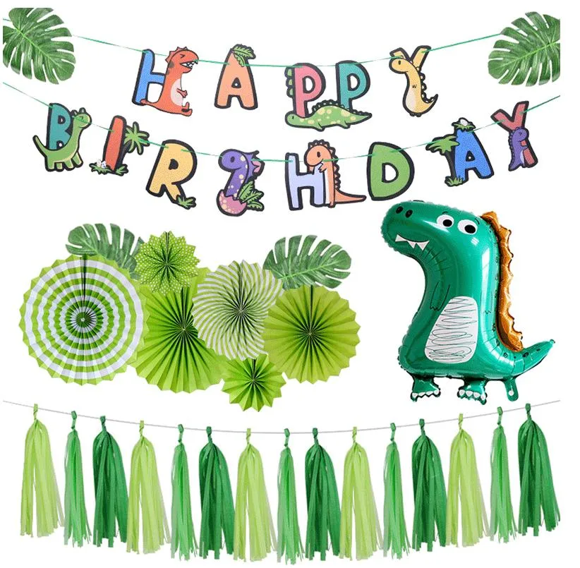 Dinosaur Jungle Theme Paper Fan and Tassel Baby Boy Happy Birthday Indoor Party Decoration