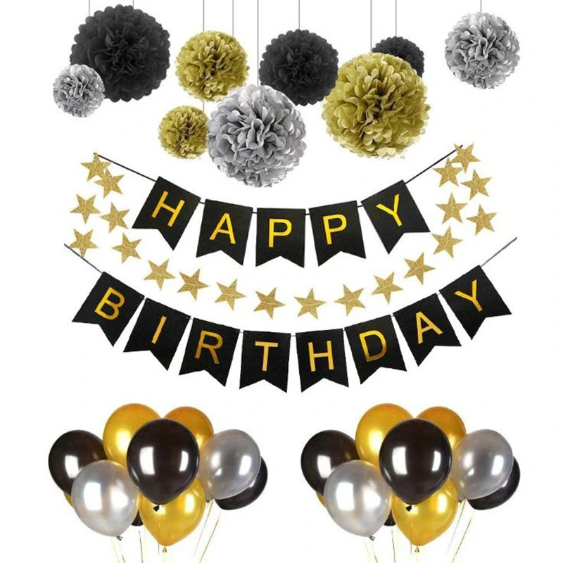 Paper Flower Ball Flag Balloon Black Gold Paper Lantern Party Decoration Set Birthday