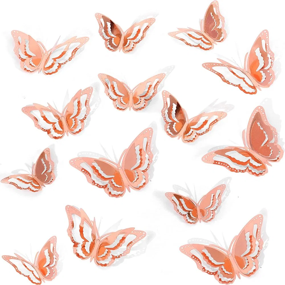 Rose Gold 3D Butterfly Wall Decor, 48 PCS Butterfly Decorations Three Layers Wall Stickers for Party Decorations Baby Show Wedding Decor Room Decoration